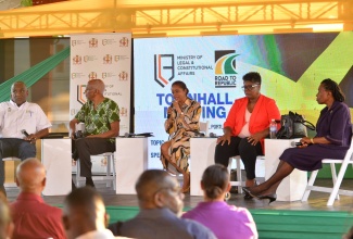 Minister of Legal and Constitutional Affairs, Hon. Marlene Malahoo Forte (centre) and other members of the constitutional reform committee lead a public consultation town hall meeting at the Errol Flynn Marina in Portland on June 28. The members are, from left, representative of the wider faith-based society, Dr. David Henry; consultant counsel and nominee of the leader of the Opposition, Hugh Small; civil society representative, Dr. Nadeen Spence; and Chairman of the Jamaica umbrella group of churches, Dr. Elaine McCarthy.