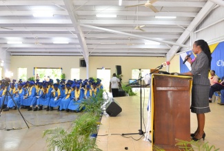 Minister of State in the Ministry of Education and Youth, Hon. Marsha Smith, addresses the 2023 graduating class of Christiana High School, during the graduation ceremony held at the Kendal Camp and Conference Centre in Manchester on Wednesday (July 5).