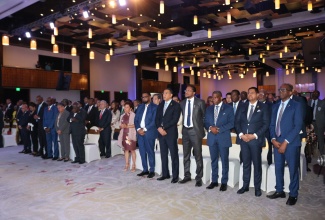 Prime Minister, the Most Hon. Andrew Holness (fifth right), joins other regional leaders at Monday’s (July 3) opening ceremony of the 45th Regular Meeting of Heads of Government of the Caribbean Community (CARICOM), being held in Port of Spain, Trinidad and Tobago.
