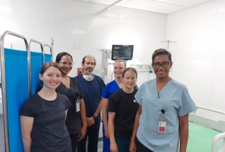 Physical Medicine and Rehabilitation Physician, Dr. Paula Dawson (right),  with volunteers for the Treatment of Children and Adults with Physical Disability in Jamaica Programme.

