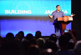 Prime Minister, the Most Hon. Andrew Holness, addresses Thursday’s (August 31) Town Hall Meeting on Housing and Land at Harmony Beach Park in Montego Bay, St. James.

