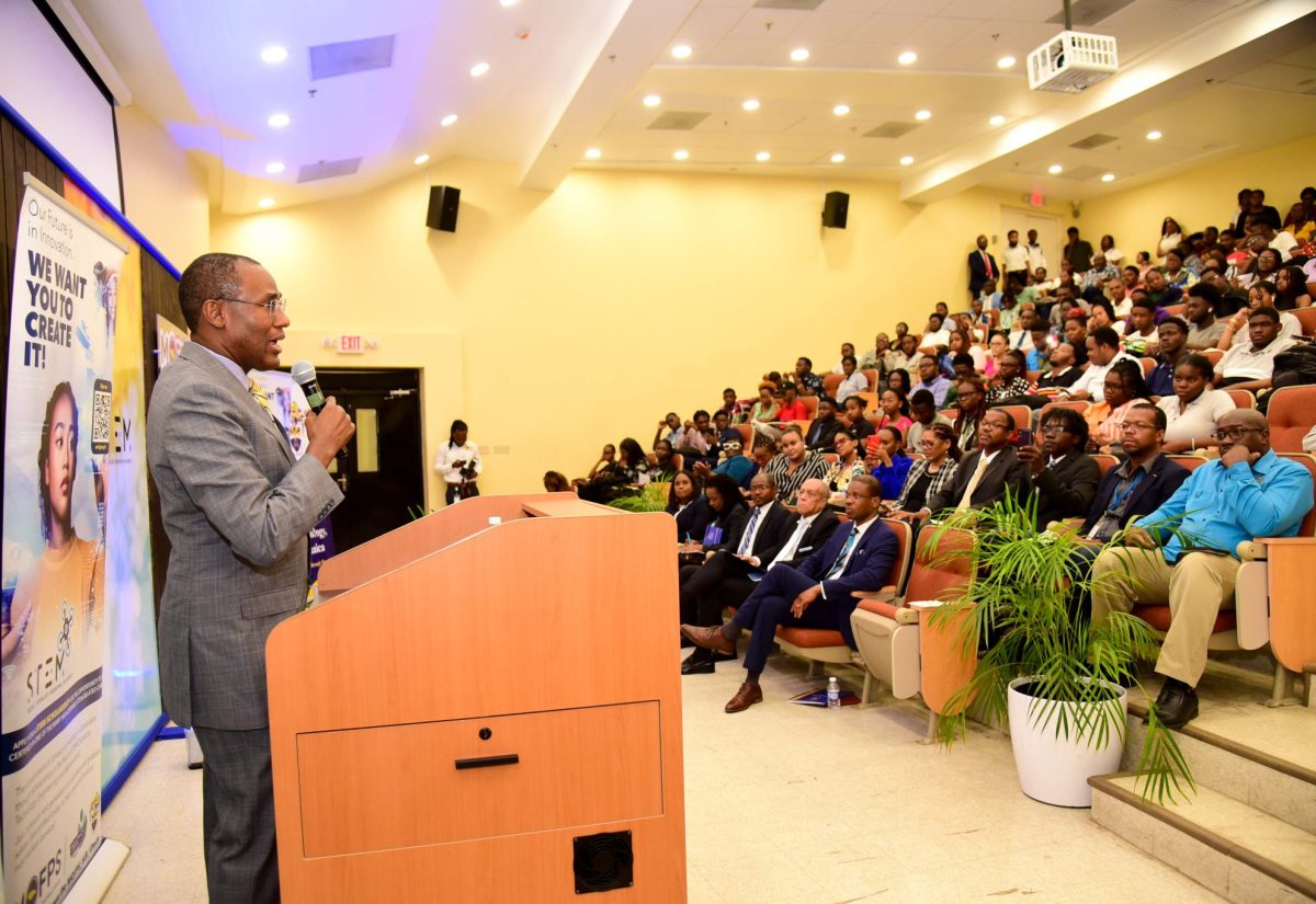  Minister of Finance and the Public Service, Dr. the Hon. Nigel Clarke, delivers remarks during the handover ceremony for 230 Government of Jamaica (GOJ) Science, Technology, Engineering and Mathematics (STEM) scholarships at the University of Technology (UTech), Jamaica in St. Andrew on Thursday (September 21).