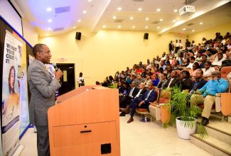  Minister of Finance and the Public Service, Dr. the Hon. Nigel Clarke, delivers remarks during the handover ceremony for 230 Government of Jamaica (GOJ) Science, Technology, Engineering and Mathematics (STEM) scholarships at the University of Technology (UTech), Jamaica in St. Andrew on Thursday (September 21).