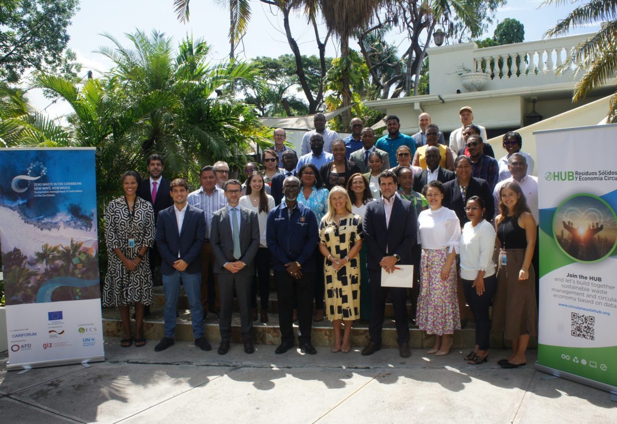 Local Government and Community Development Minister, Hon. Desmond McKenzie (front, fourth left), is surrounded by participants in a regional technical workshop on waste management and environmental sustainability.  The three-day session, which concludes on Thursday (September 14), is being held virtually and in-person.   

