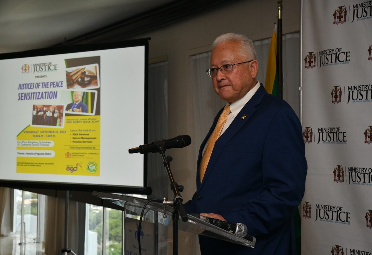 Justice Minister, Hon. Delroy Chuck, addresses Wednesday’s (September 20) Justices of the Peace (JP) sensitisation session at The Jamaica Pegasus hotel in New Kingston.

