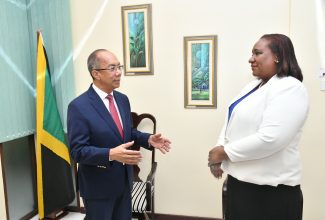 Deputy Prime Minister and Minister of National Security, Hon. Dr. Horace Chang (left), interacts with Jamaica’s High Commissioner-designate to Canada, Marsha Coore-Lobban, during her courtesy call at the Ministry’s offices in St. Andrew on Tuesday (August 29).