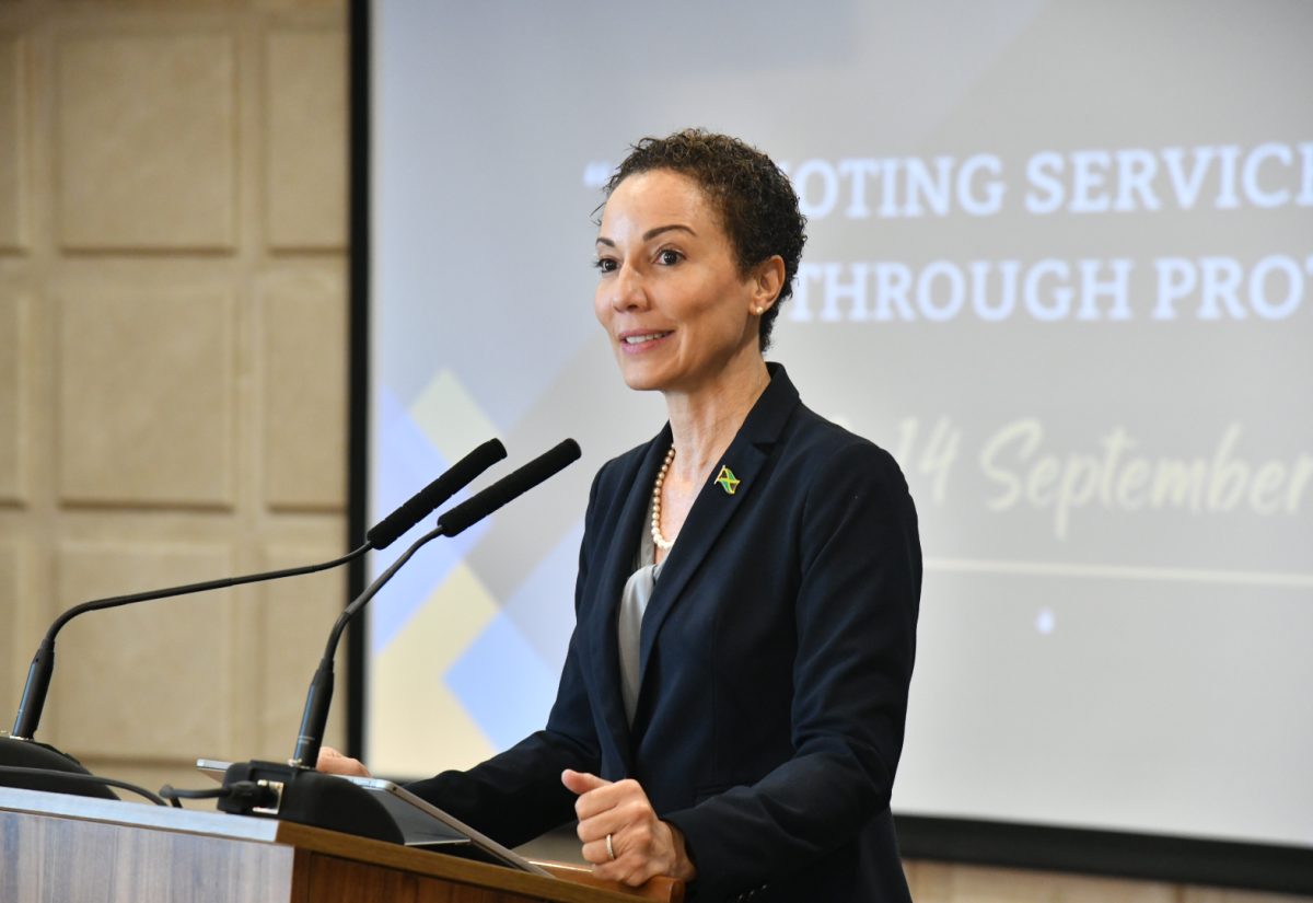 Minister of Foreign Affairs and Foreign Trade, Senator the Hon. Kamina Johnson Smith, addresses the opening ceremony of the inaugural Government Protocol Conference on Wednesday (September 13) at the Ministry in downtown Kingston.

