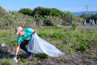 Consular Assistant at the Embassy of Belgium in Kingston, Evelien Vanghaecke, collects debris deposited along Foreshore Road in Port Royal on Saturday (September 16) as part of activities by representatives of the Delegation of the European Union (EU) in Jamaica for International Coastal Cleanup Day. The day is observed annually on the third Saturday in September.