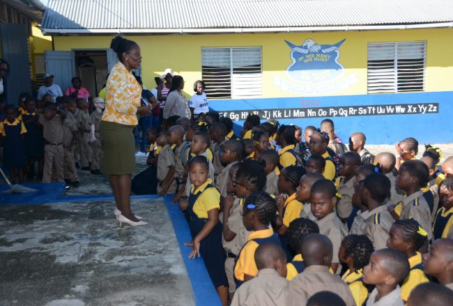 Acting Principal of Middle Quarters Primary School in St. Elizabeth, Pauvine Watson-Barrett, addresses students during devotion on the first day of the new 2023/2024  school year on Monday, September 4.