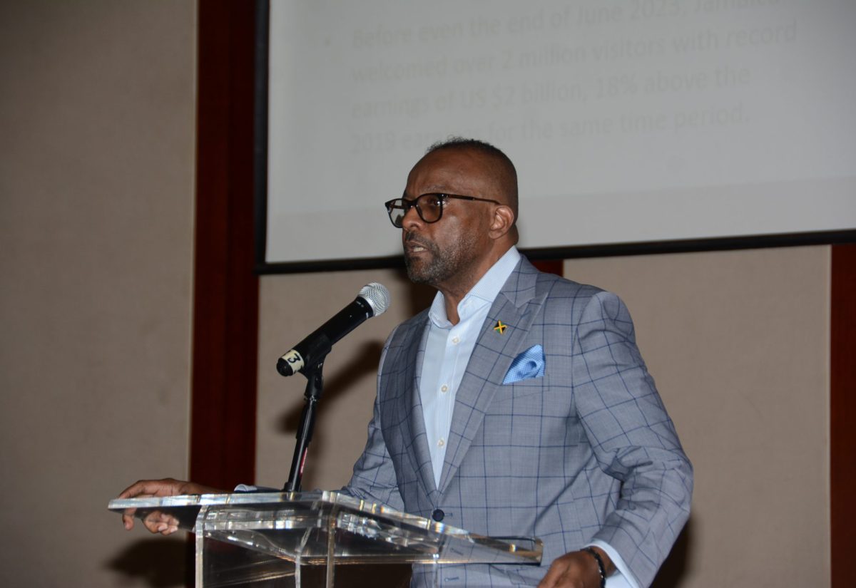 Director of Tourism, Donovan White, addresses the first day of the Jamaica Product Exchange (JAPEX) 2023 at the Montego Bay Convention Centre in Rose Hall, St. James on September 11.