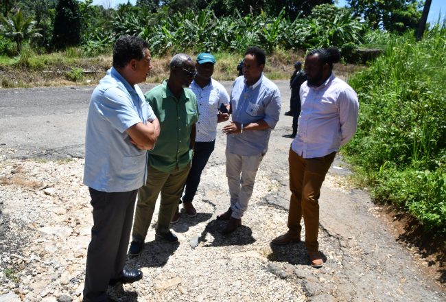 Minister of Local Government and Community Development, Hon. Desmond McKenzie (second left), discuss the condition of a damaged section of the Maldon roadway in St. James with (from left) Minister of State in the Office of the Prime Minister and Member of Parliament for Southern St. James, Hon. Homer Davis; Councillor of the Maroon Town Division in St. James, Everes Coke; Chief Technical Director in the Ministry of Local Government and Community Development, Dwight Wilson; and Deputy Superintendent of Road and Works at the St. James Municipal Corporation, Saad Campbell. Occasion was a tour of parochial roads in Maroon Town, Flagstaff and Maldon in the parish on August 30.