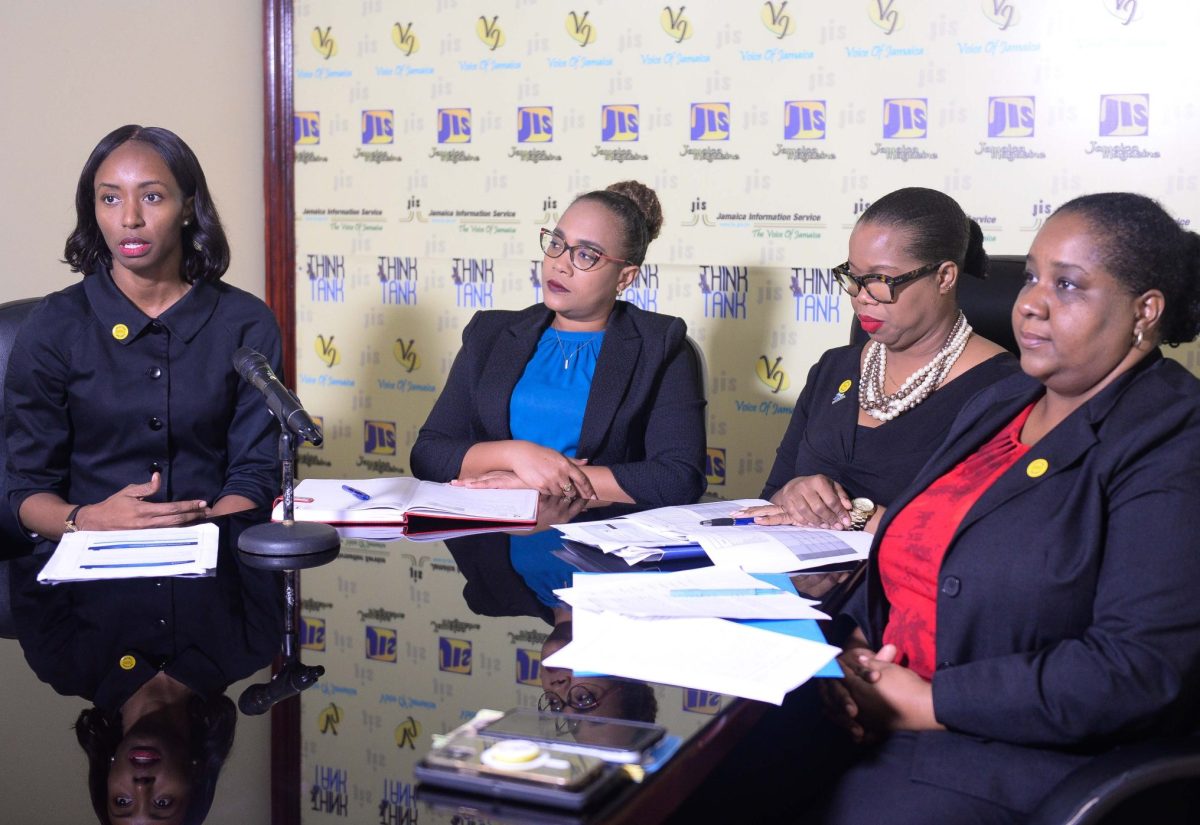 Acting Director in the Child Diversion Branch, Venisa Clarke, speaks about the work of the Branch during a recent JIS Think Tank.  Listening (from second left) are Principal Director in the Division,  Jamie-Ann Chevannes; Acting Director in the Restorative Justice Branch, Saccsha Ebanks; and Director of the Victim Services Branch, Dionne Dawn Binns.