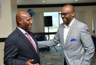 Minister of Industry, Investment and Commerce, Senator the Hon. Aubyn Hill (left), converses with Fair Trading Commission (FTC) Chairman, Donovan White (right), during the FTC’s 30th anniversary Commissioners and Staff Luncheon and Long Service Awards Ceremony,  at The Jamaica Pegasus hotel in New Kingston on Thursday (September 14).

