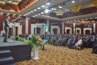 Prime Minister, the Most Hon. Andrew Holness, addresses the opening of the 37th International Drug Enforcement Conference (IDEC) at the Montego Bay Convention Centre in Rose Hall, St. James, on Tuesday (September 19).

