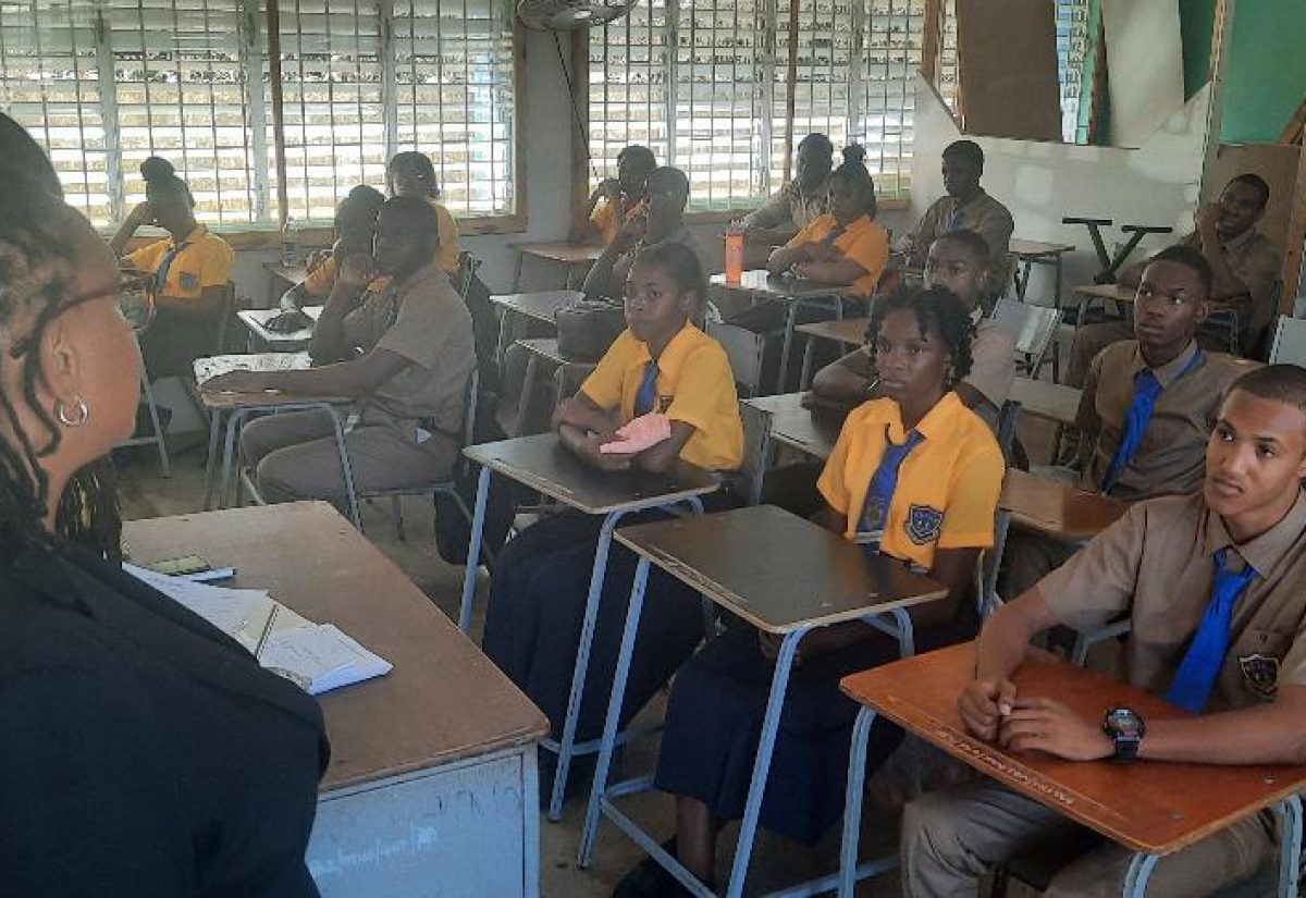 Principal of Marcus Garvey Technical High School in St. Ann, Anniona Jones, addresses students on opening day of the 2023/24 academic year on Monday (September 4).