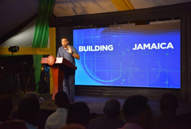 Prime Minister, the Most Hon. Andrew Holness, addresses Town Hall meeting at the Harmony Beach Park, Montego Bay, St. James, on August 31. 
