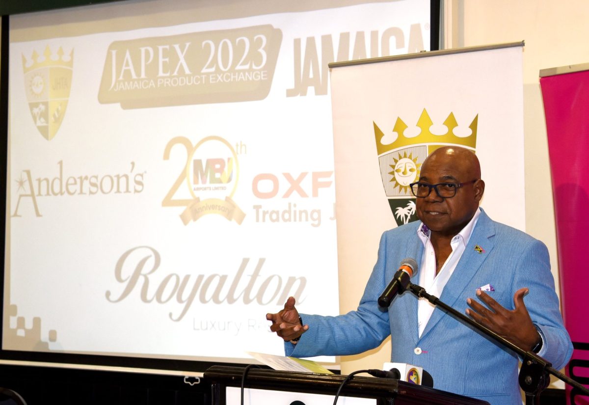 Tourism Minister, Hon. Edmund Barlett, addresses Thursday’s (September 7) Jamaica Product Exchange (JAPEX) 2023 press launch at the Courtleigh Hotel and Suites in Kingston.

