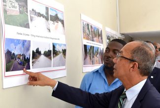 Deputy Prime Minister and Minister of National Security, Hon. Dr. Horace Chang (right), examines displays of the Housing Agency of Jamaica (HAJ) developments in St. James during the entity’s Open Day function in celebration of its 15th anniversary since being rebranded. The event was held at the agency’s office on Caledonia Avenue in St. Andrew. Beside Dr. Chang is HAJ Senior Manager for Project Development and Design, Rudolph McKenzie.