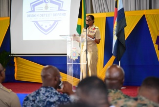 Chief of Defence Staff, Rear Admiral Antonette Wemyss Gorman, addresses Friday’s (October 20) inaugural Jamaica Defence Force (JDF) CodeSprint Cyberthon at Up Park Camp, Kingston.


