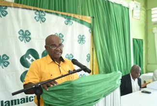 Chairman, Jamaica 4-H Clubs Island Advisory Council (IAC), Reverend Roy Wickham, addresses the organisation’s annual general meeting, held on Saturday (October 28) at the Denbigh 4-H Training Centre in Clarendon. Seated is Minister of State in the Ministry of Agriculture, Fisheries and Mining, Hon. Franklin Witter.

