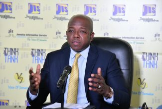Minister of Labour and Social Security, Hon. Pearnel Charles Jr., addresses Jamaica Information Service (JIS) Think Tank, today (October 11).