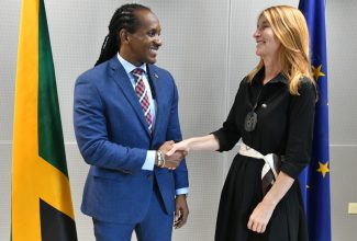 Minister of State in the Ministry of Foreign Affairs and Foreign Trade, Hon. Alando Terrelonge (left), exchanges greetings with Deputy Secretary General for the European Union (EU) External Action Service, Helena Koning, at the seventh  Jamaica/European Union (EU) Political Dialogue held at the Ministry in downtown Kingston on Monday (October 9).

