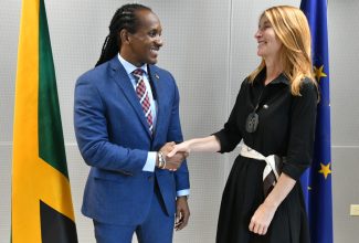 Minister of State in the Ministry of Foreign Affairs and Foreign Trade, Hon. Alando Terrelonge (left), exchanges greetings with Deputy Secretary General for the European Union (EU) External Action Service, Helena Koning, at the seventh Jamaica/European Union (EU) Political Dialogue held at the Ministry in downtown Kingston on Monday (October 9).