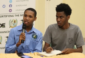 Winners of the 2023 Northern Caribbean University Invitational Debate Series, Jadon Hewitt (left) and Enroy Madourie, final-year law students at the University of Technology, Jamaica Western Campus.

