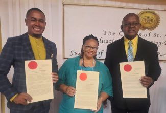 Three of six senior officials at the Ministry of Health and Wellness who have been commissioned to serve as Justices of the Peace (JPs) display their appointment seals at a recent commissioning ceremony held at the Terra Nova All-Suite Hotel in St. Andrew. They are (from left) Director of Communication in the Ministry, Stephen Davidson; Regional Technical Director at the South East Regional Health Authority (SERHA), Dr. Sandra Chambers, and Scientific Officer at the Ministry, Livingston Burnett.