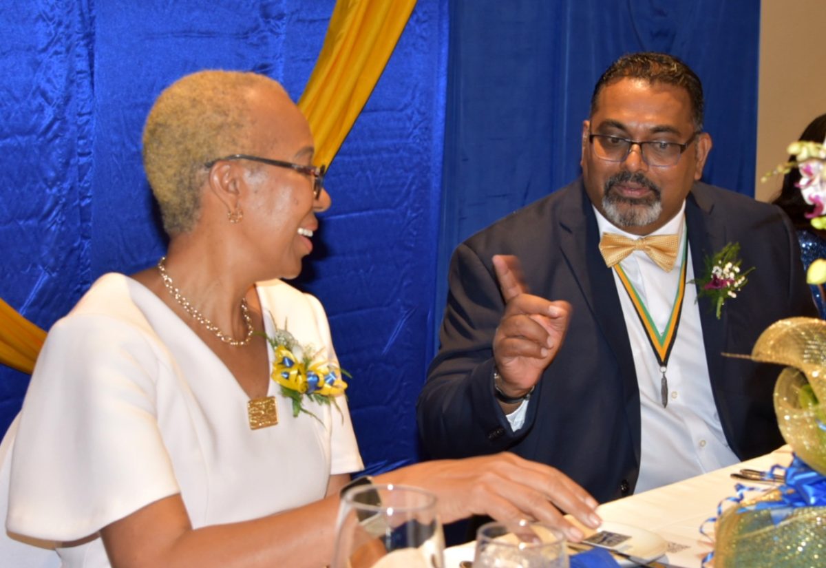 Minister of Education and Youth, Hon. Fayval Williams (left), interacts with Lieutenant Governor of Kiwanis Division 23 East, Stephan Rampair, during the installation ceremony and changing of guard for the Division, held at The Jamaica Pegasus hotel in New Kingston on October 1.
