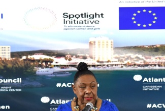 Minister of Culture, Gender, Entertainment and Sport, Hon. Olivia Grange, delivers the keynote address during the Atlantic Council conference hosted in partnership with UN Women, at the Spanish Court Hotel in Kingston on Thursday (October 5).

