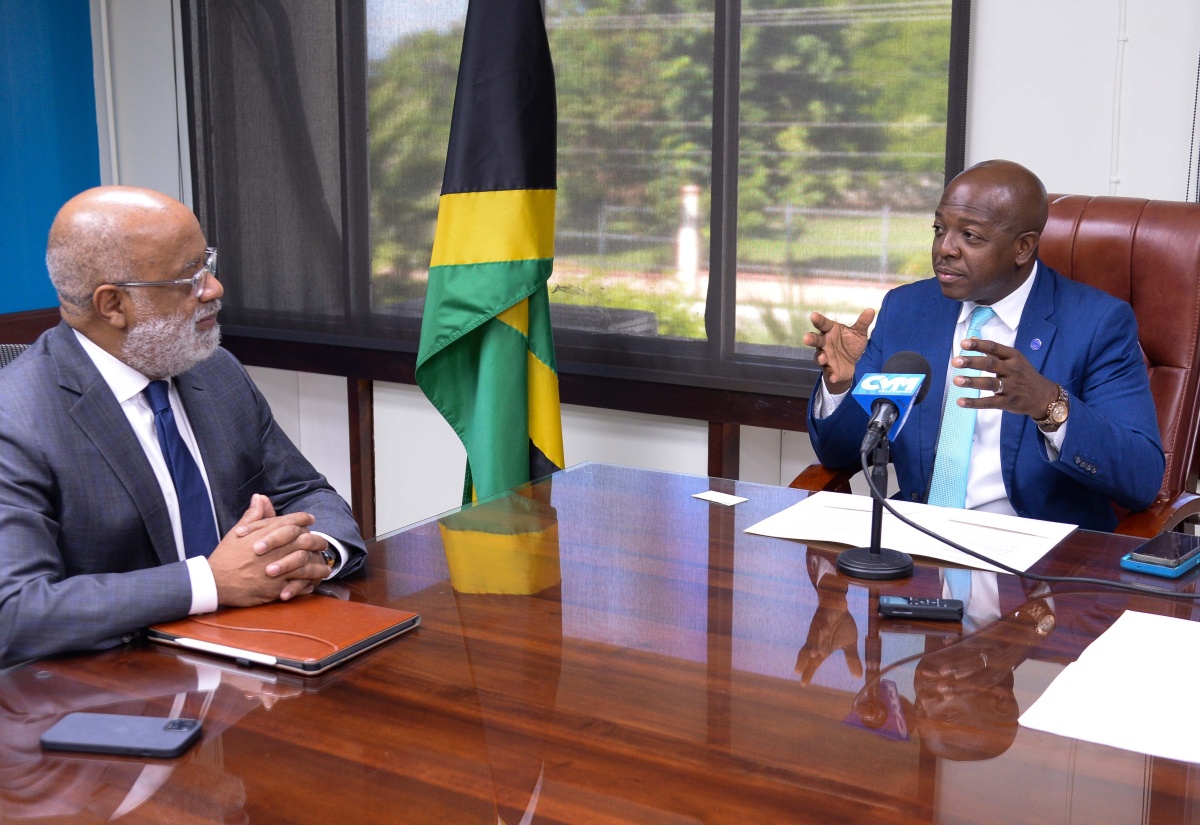 Minister of Labour and Social Security, Hon. Pearnel Charles Jr. (right), makes a point during a recent meeting with the Inter-American Development Bank (IDB) General Manager, Caribbean Country Department, Anton Edwards, at the Ministry in Kingston.