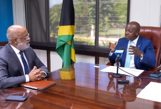 Minister of Labour and Social Security, Hon. Pearnel Charles Jr. (right), makes a point during a recent meeting with the Inter-American Development Bank (IDB) General Manager, Caribbean Country Department, Anton Edwards, at the Ministry in Kingston.