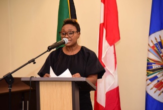 Minister of State in the Ministry of National Security, Hon. Juliet Cuthbert-Flynn, addresses the recent National Workshop on Early Warning Systems on Drugs, organised by the National Council on Drug Abuse (NCDA), at the Courtyard by Marriott Hotel in New Kingston.

