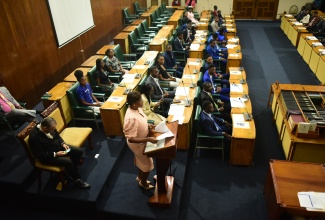 Speaker of the House of Representatives, the Most Hon. Juliet Holness, speaks during the 14th sitting of the National Youth Parliament of Jamaica at Gordon House in downtown Kingston on Monday (November 27). It was held under the theme ‘The Year of Youth: Trending for a Sustainable Future’.

