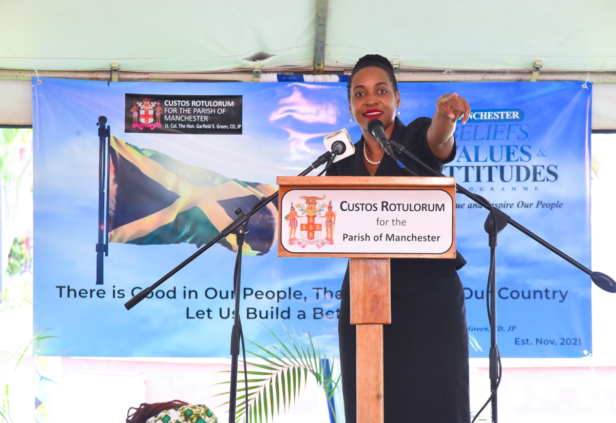 Minister of State in the Ministry of Education and Youth, Hon. Marsha Smith, delivers the keynote address during Tuesday’s (November 21) launch of Values and Attitudes Awareness Day, at Cecil Charlton Park in Mandeville, Manchester.

