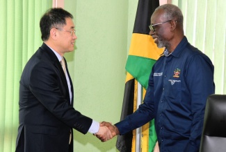 Minister of Local Government and Community Development, Hon. Desmond McKenzie (right), greets Vice President of the Chinese People’s Association for Friendship with Foreign Countries (CPAFFC), Jiang Jiang, during a courtesy call by a CPAFFC delegation at the Ministry’s Hagley Park Road offices in Kingston on Thursday (November 16).  The CPAFFC, which manages China’s sister-city relationships, aims to promote friendship and mutual understanding between the Chinese people and foreign nations.

