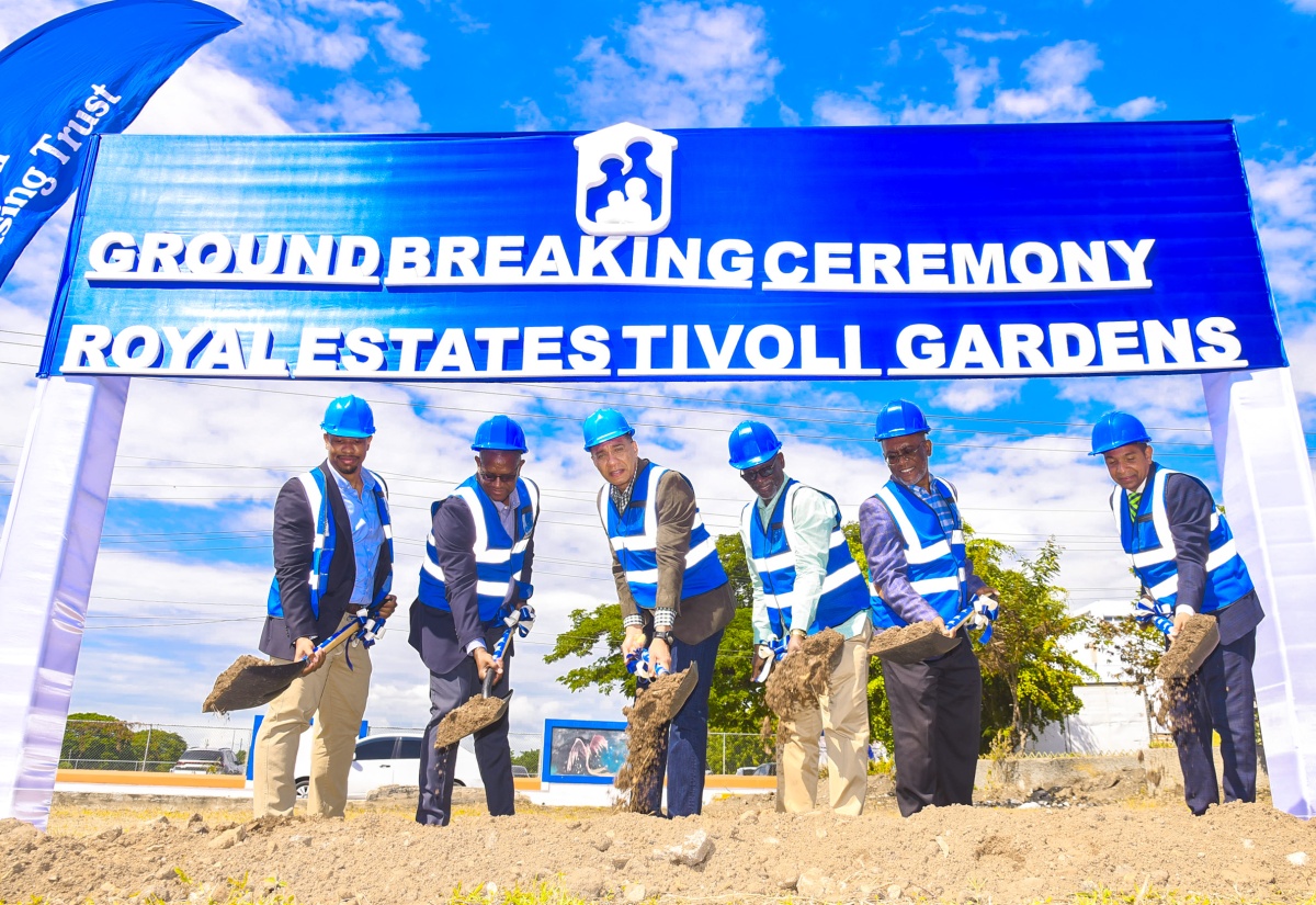 Prime Minister, the Most Hon. Andrew Holness (third left), breaks ground for the $2.8-billion Royal Estates Housing Development project that will be constructed in Tivoli Gardens,  Kingston Western, on November 24. Also participating are (from left) Director, M&M Jamaica Limited, Richard Mullings; Managing Director, National Housing Trust (NHT), Martin Miller; Minister of Local Government and Community Development, and Member of Parliament for Kingston Western, Hon. Desmond McKenzie; Chairman of the NHT, Linval Freeman; and Mayor of Kingston, Senator Councillor Delroy Williams.

