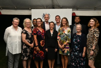 Minister of Foreign Affairs and Foreign Trade, Senator the Hon. Kamina Johnson Smith (centre) and British High Commissioner to Jamaica, Her Excellency Judith Slater (third left), are flanked by British High Commissioners from the Caribbean and other officials at a reception held at the High Commissioner’s Residence in Kingston on October 31.