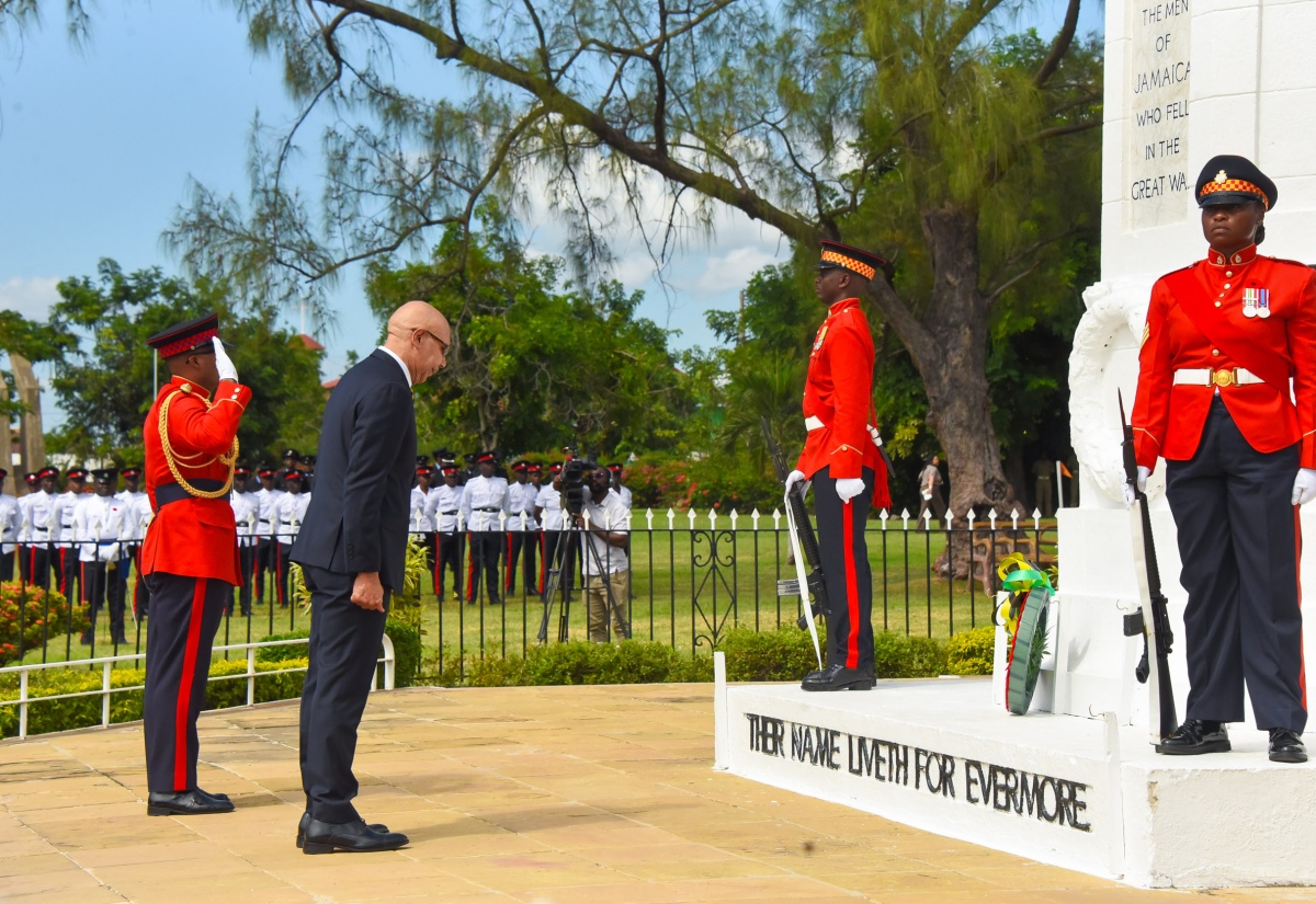 Governor-General, His Excellency, the Most Hon. Sir Patrick Allen, pays his respects at the Cenotaph honouring veterans of the two World Wars, during the annual Remembrance Day ceremony on Saturday (November 11) at National Heroes Park in Kingston. Remembrance Day is observed annually to pay homage to individuals who gave service during World War I (1914 to 1918) and World War II (1939 to 1945).