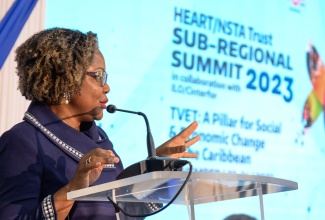 Minister without Portfolio in the Office of the Prime Minister with Oversight for Skills and Digital Transformation, Senator Dr. the Hon. Dana Morris Dixon, delivers the keynote address during Wednesday’s (November 22) Human Employment and Resource Training/National Service Training Agency (HEART/NSTA) Trust Sub-Regional Summit 2023 at the Spanish Court Hotel in Kingston.

