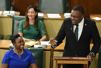 Minister with responsibility for Information and Member of Parliament for Clarendon North Central, Hon. Robert Morgan, makes his contribution to the State of the Constituency Debate in the House of Representatives on November 28. Listening are State Minister for National Security and Member of Parliament West Rural St. Andrew Hon. Juliet Cuthbert Flynn (left), and Member of Parliament for Portland Eastern, Ann-Marie Vaz.

