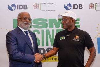 Minister of Industry, Investment and Commerce, Senator the Hon. Aubyn Hill (right), shakes hands with General Manager, Country Department Caribbean Group and Jamaica Country Representative, Inter-American Development Bank (IDB), Anton Edmunds. The event was the Ministry’s MSME Business Roadshow on November 21 at The Jamaica Pegasus hotel in New Kingston. More than 30 of the Ministry’s agencies and partners participated in the roadshow, which is designed to provide access to business development services, government incentives, export opportunities, and digital business solutions.