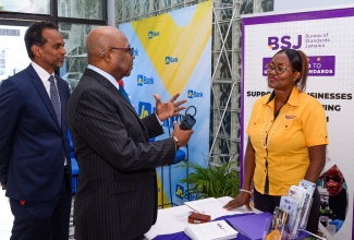 Minister of Tourism, Hon. Edmund Bartlett, is in conversation with Manager, Communication and Customer Service, Bureau of Standards Jamaica (BSJ), Maxine Fagan, during the Business Development Information Session hosted by the Tourism Enhancement Fund (TEF) for small and medium-sized tourism enterprises on Wednesday (November 22) at the Courtleigh Auditorium in Kingston. Listening is Executive Director, TEF, Dr. Carey Wallace. The session brought together key development experts to enhance the ability of SMTEs to supply the tourism and hospitality sector with needed goods and services, thereby enabling them to absorb a greater share of tourism earnings.

