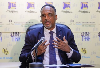 Managing Director, Jamaica Social Investment Fund (JSIF), Omar Sweeney, explains how initiatives under the Disaster Vulnerability Reduction Project (DVRP) are strengthening the country’s disaster management capacity, during a Jamaica Information Service (JIS) Think Tank at the agency’s head office in Kingston, on November 9.