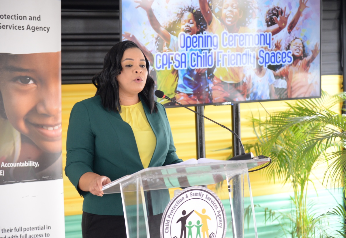 Chief Executive Officer of the Child Protection and Family Services Agency (CPFSA), Laurette Adams-Thomas, addresses the recent opening of a child-friendly space, at the National Children’s Registry (NCR) on Carlton Crescent in St. Andrew.