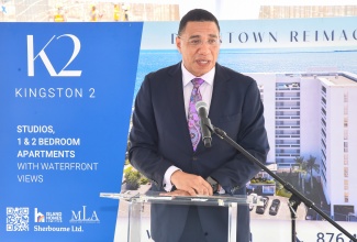 Prime Minister, the Most Hon. Andrew Holness, delivers the keynote address during Tuesday’s (December 19) ceremony to break ground for the Kingston Two Apartments (K2) residential development in Bournemouth Gardens.