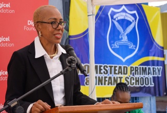 Minister of Education and Youth, Hon. Fayval Williams, delivers the keynote address at the handover of a smartroom at the St. Catherine-based Homestead Primary and Infant School, recently.