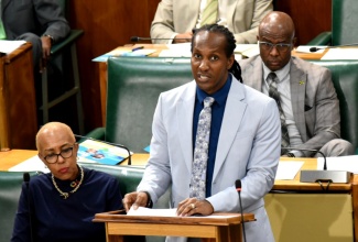 Member of Parliament for St. Catherine East Central and Minister of State in the Ministry of Foreign Affairs and Foreign Trade, Hon. Alando Terrelonge, makes his contribution to the 2023/24 State of the Constituency Debate in the House of Representatives on Tuesday (November 28). Listening are Minister of Education and Youth, Hon. Fayval Williams (left), and Member of Parliament for Clarendon Northern, Dwight Sibblies.

