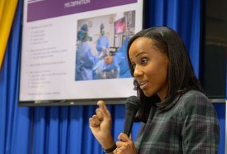 Consultant Paediatric Surgeon at the Bustamante Hospital for Children (BHC), Dr. Sarah Marshall Niles, addresses the handover of a C-Arm and Laparoscopy machines, funded by the CHASE Fund.